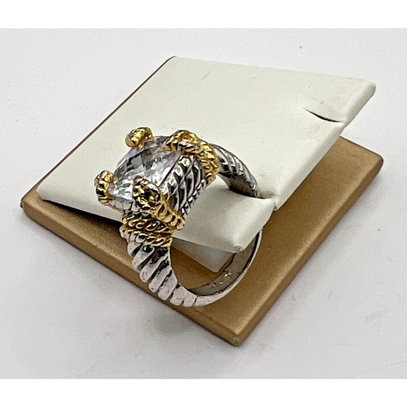 2 Tone Sterling Silver Cable Ring with CZ and Gold Tone Heart Stations Size 6 - Picture 1 of 5